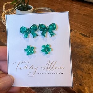 Kids' Green Bow and Flower Earrings Set